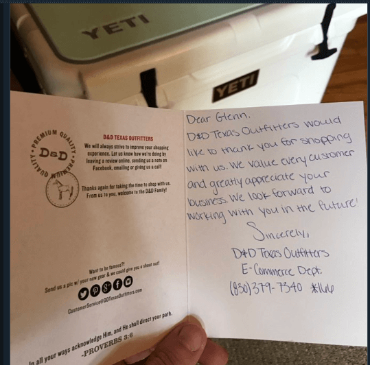 D&D TExas Outfitters thank you note improves customer service experience